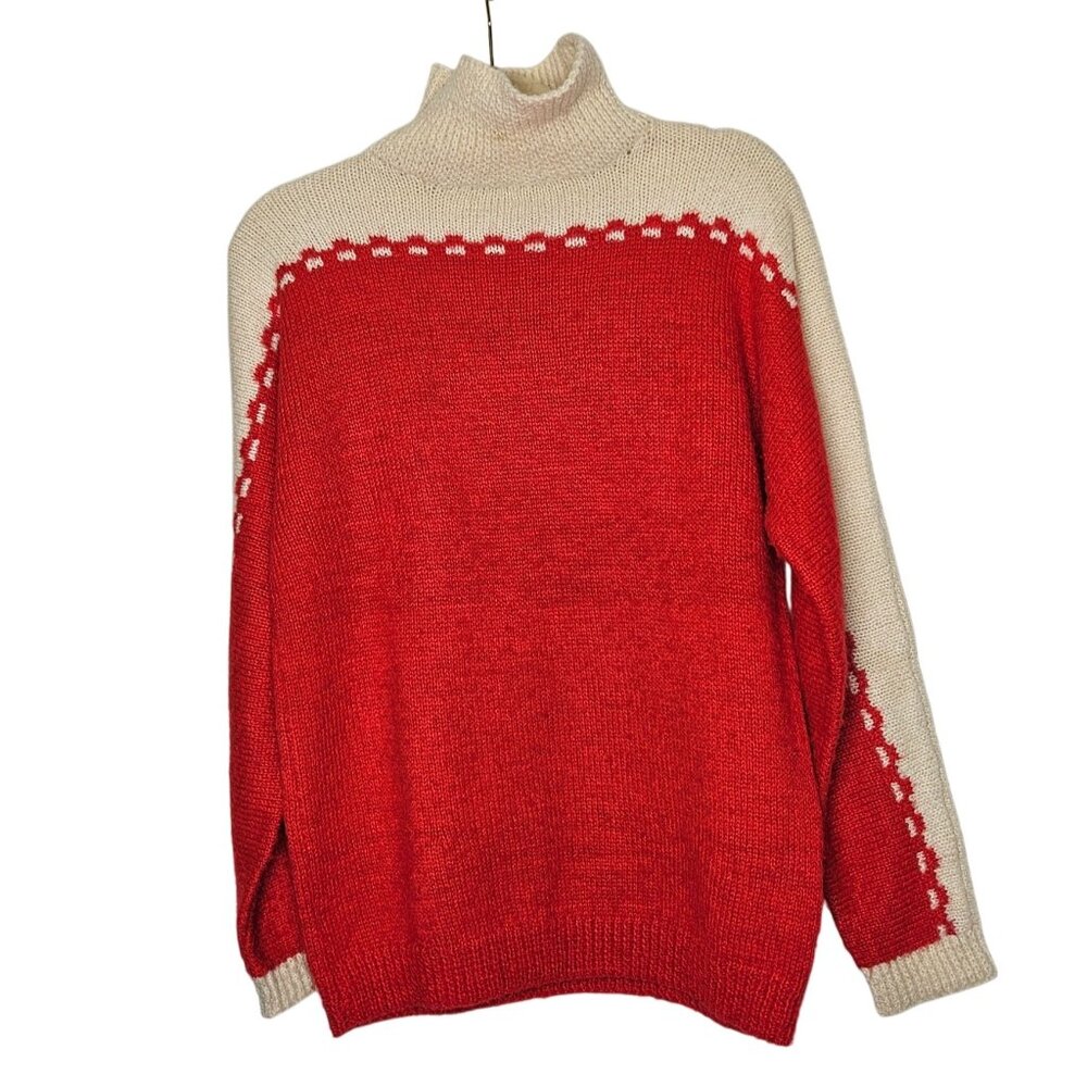 Vintage Red & Cream Handmade Acrylic Knit Sweater With Turtleneck Long Sleeves M